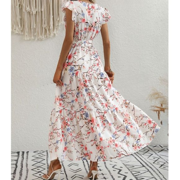 Boho Floral Print Butterfly Sleeve Ruffle Hem Belted Dress - Picture 2 of 8